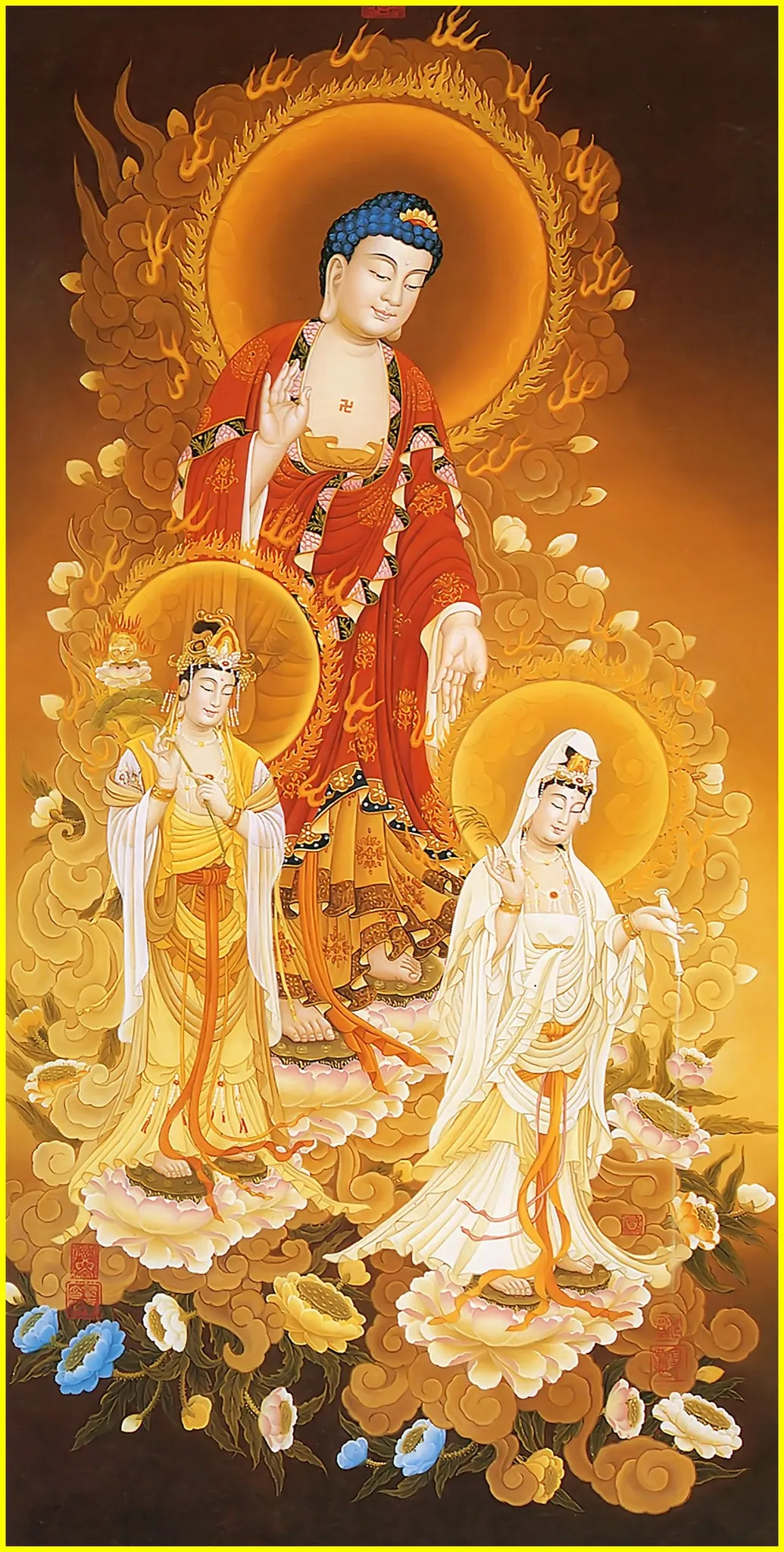 Bộ Tây Phương Tam Thánh gồm Phật A Di Đà, Bồ Tát Quán Thế Âm và Bồ Tát Đại Thế Chí, giáo chủ cõi Cực Lạc