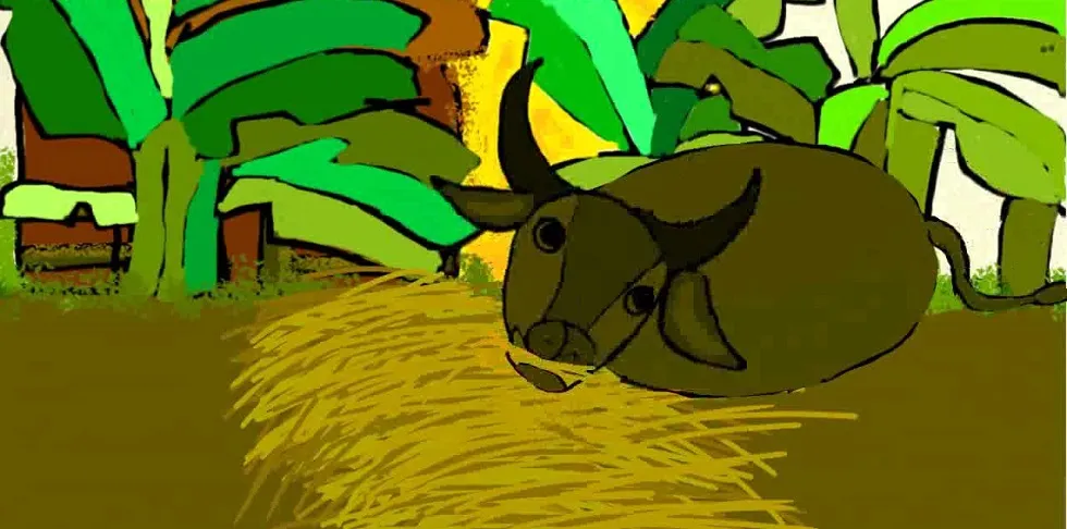 Mô tả sự tích con trâu, hình ảnh vị thần lười biếng bị Ngọc Hoàng trừng phạt hóa thành trâu nước, loài vật gắn liền với nông nghiệp Việt Nam