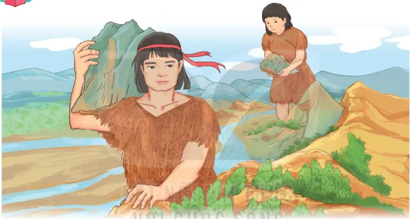 Hai vị thần khổng lồ Ông Đùng và Bà Đùng đang dời non lấp bể, san bằng đất đai ở vùng Mường Bi để tạo ruộng đồng cho dân cư