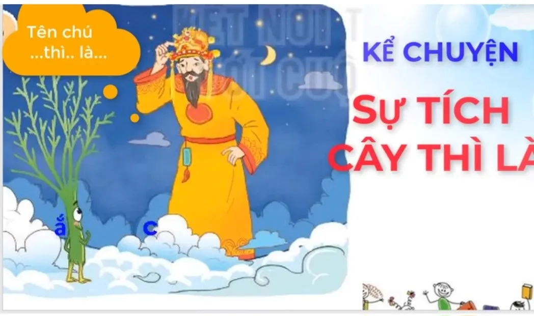 Bức tranh minh họa cảnh Ông Trời đang đặt tên cho các loài cây, mở đầu cho truyện sự tích cây thì là