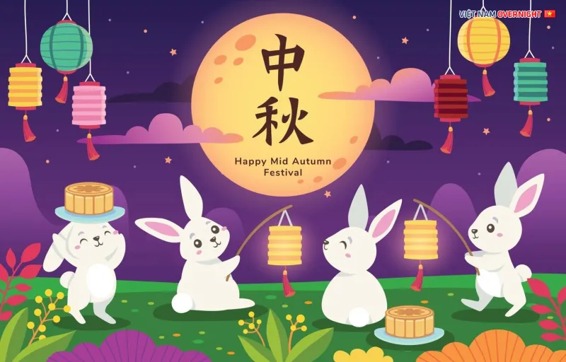 Thỏ Ngọc đang giã thuốc trường sinh dưới ánh trăng tròn, hình tượng quen thuộc trong sự tích Chị Hằng Nga