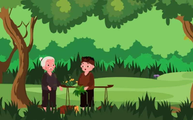 Cuội cứu sống ông lão nằm chết trên cỏ bằng lá cây đa thần