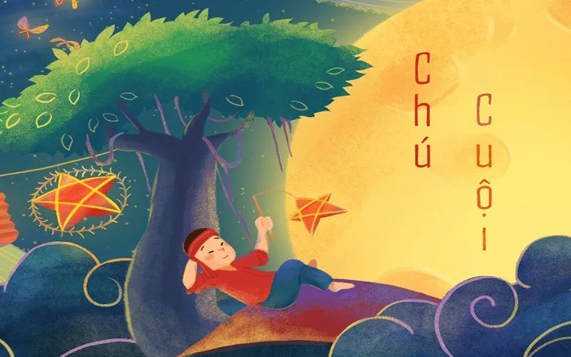 Tranh vẽ minh họa chú Cuội ngồi buồn dưới gốc cây đa trên cung trăng