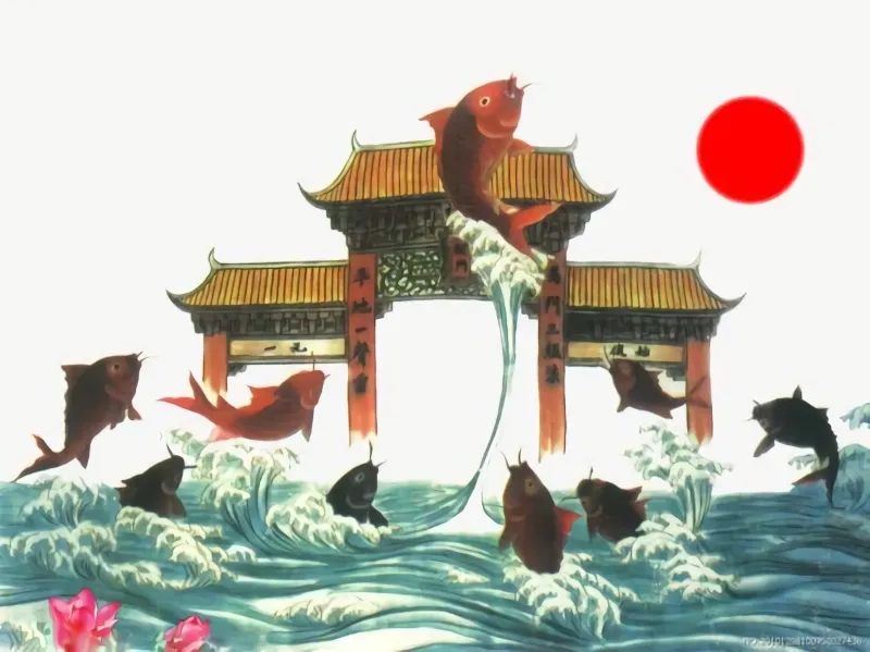 Hình ảnh minh họa quá trình cá chép vượt Vũ Môn hóa rồng, biểu tượng cho khát vọng và sự chuyển mình mạnh mẽ trong huyền thoại cá chép