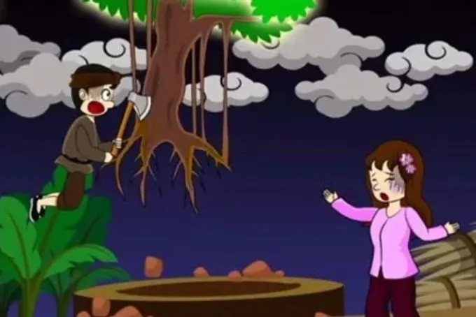 Cảnh chú Cuội nắm chặt rễ cây đa thần kỳ bay vút lên bầu trời, hình thành nên hình ảnh quen thuộc của sự tích chú Cuội và cung trăng