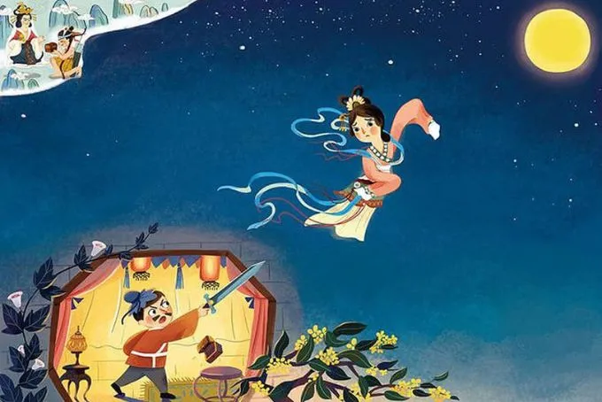 Chị Hằng Nga, trong cơn nguy cấp, uống thuốc trường sinh bất tử để tránh bị Bồng Mông cướp đi, khiến nàng bay lên và trở thành tiên nữ trên cung trăng