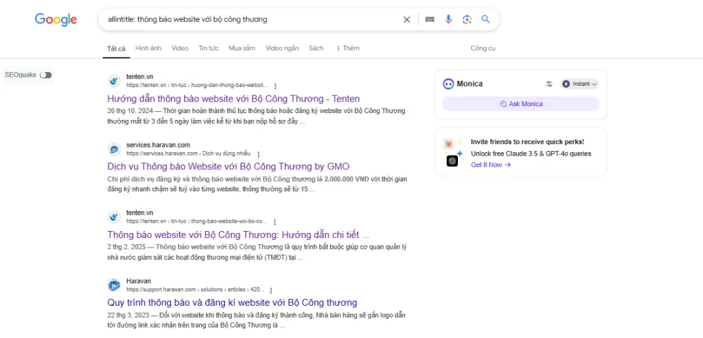 Giao diện Google hiển thị cách nhập cú pháp allintitle sự tích hoa để nghiên cứu từ khóa