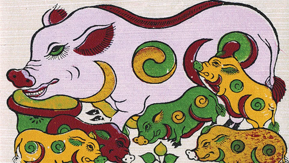 Tranh Đông Hồ mô tả đàn lợn mẹ và con, minh họa tích truyện về sự cứu mạng và lòng từ bi trong văn hóa Việt Nam