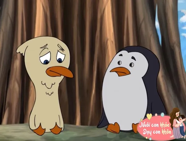 Chim cánh cụt lầm lũi sau khi mất đôi cánh vì bị ngan lừa gạt, đại diện cho sự tích các loài vật mang ý nghĩa về lòng tin và sự phản bội