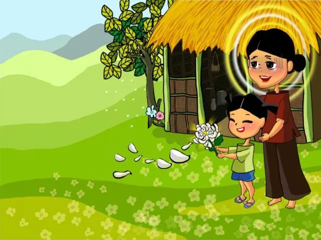 Cô bé hiếu thảo dẫn cụ già lương y về nhà để chữa bệnh cho mẹ trong sự tích bông hoa trắng