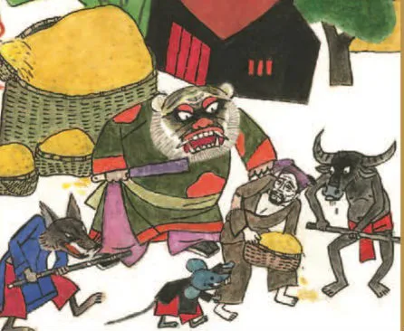 Cảnh tượng người dân đói khổ gánh chịu sự áp bức tàn nhẫn từ Quỷ, minh họa cho sự tích cây nêu ngày Tết