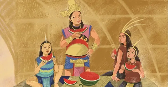 An Tiêm cùng vợ con trên đảo hoang sau khi bị Vua Hùng lưu đày, minh họa cho truyện Sự tích dưa hấu mp3