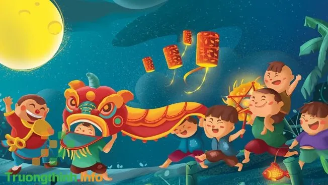 Mâm cỗ Trung Thu truyền thống với bánh nướng bánh dẻo, lồng đèn và hoa quả, tượng trưng cho sự sum họp đoàn viên