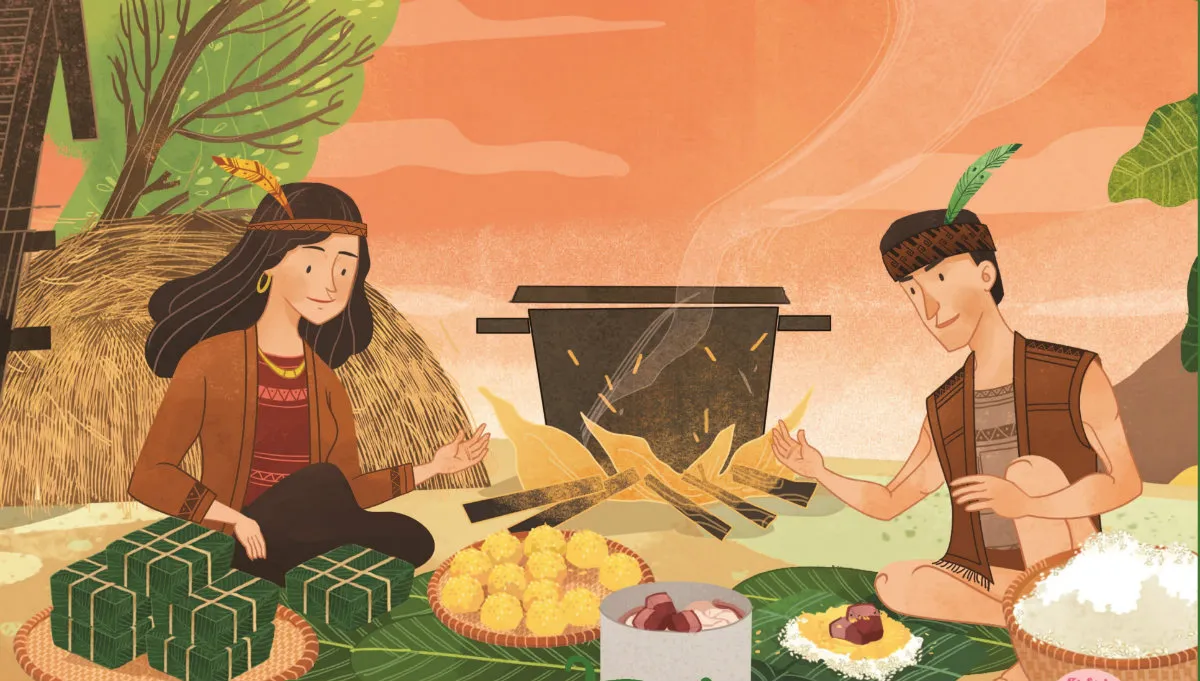 Kể chuyện sự tích bánh chưng bánh dày qua hình ảnh vua Hùng và các hoàng tử bàn về việc truyền ngôi