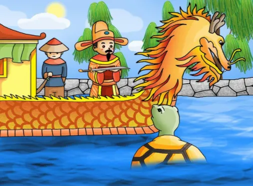 Cảnh Rùa Vàng nổi lên trên mặt hồ Hoàn Kiếm đòi lại gươm thần từ vua Lê Lợi, kết thúc câu chuyện truyền thuyết Hồ Gươm
