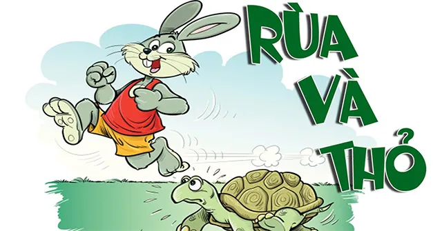 Sự tích Thỏ và Rùa minh họa hai nhân vật chính chuẩn bị cho cuộc đua