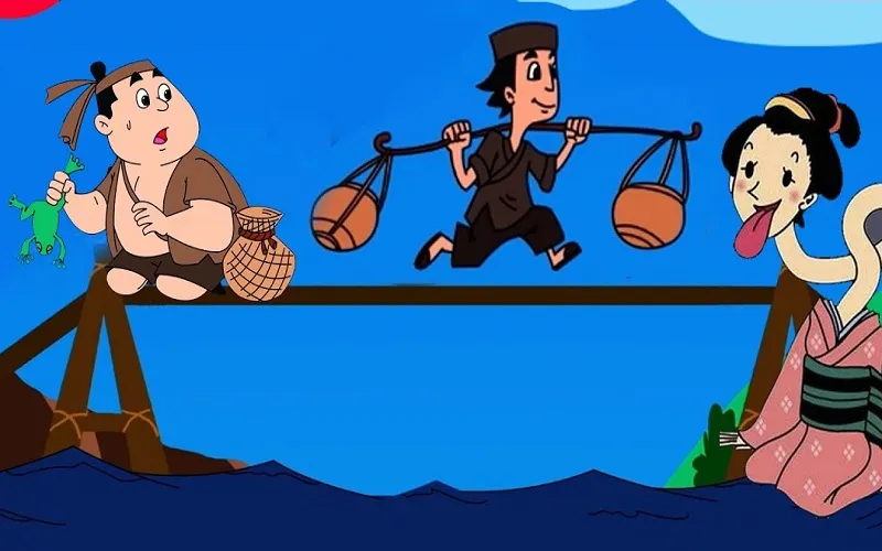 Cảnh tượng mô tả tình bạn bi kịch giữa anh bán dầu và anh bán ếch trong sự tích Bắc Kim Thang, liên quan đến ma da