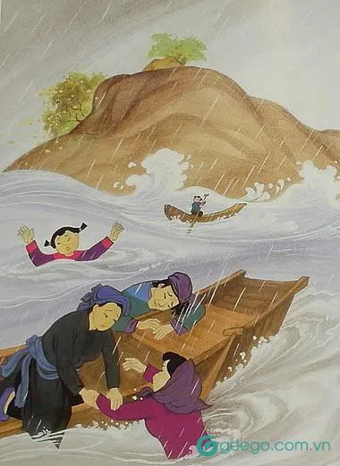 Mẹ con bà góa chèo thuyền làm từ vỏ trấu để cứu vớt người dân gặp nạn trong trận lụt, hình thành nên hồ Ba Bể