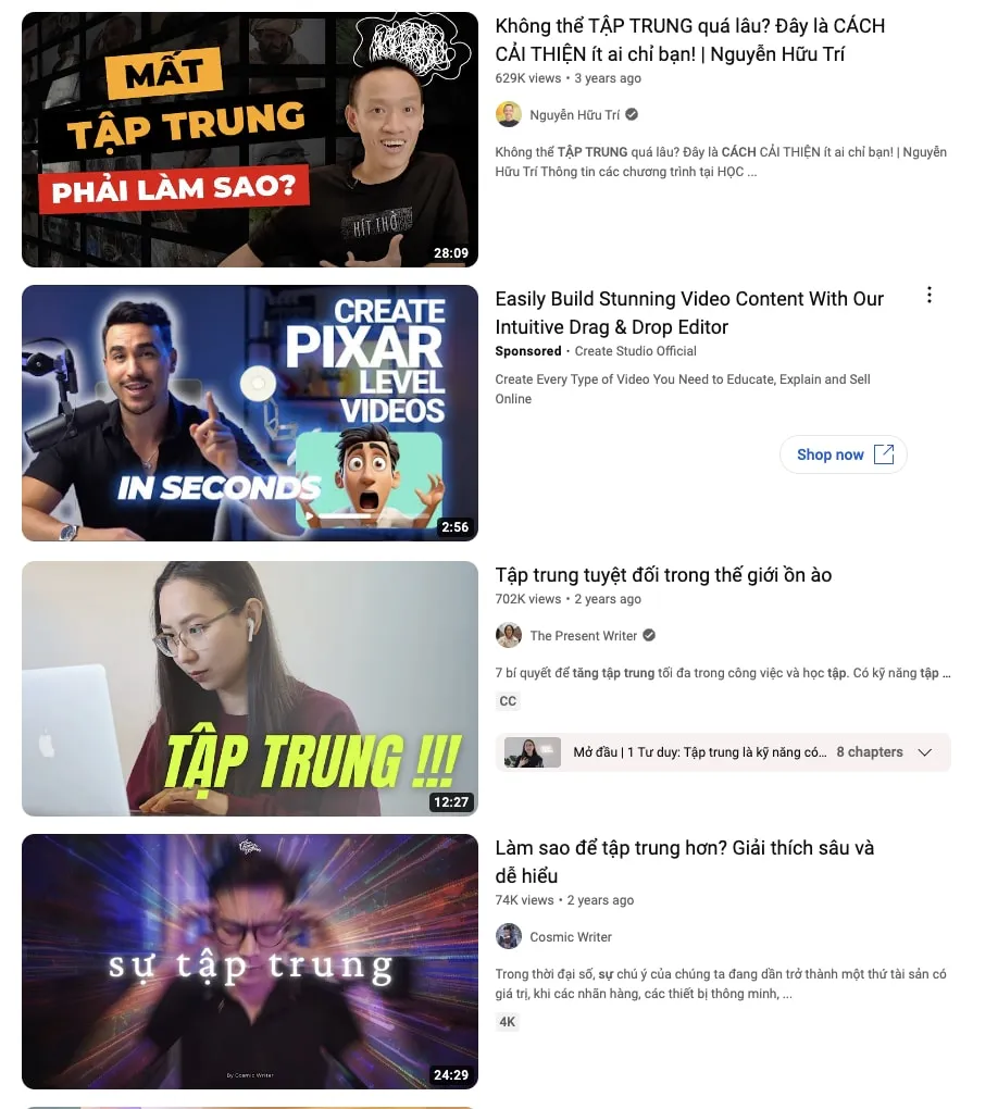 Hình ảnh minh họa kết quả tìm kiếm YouTube với từ khóa "cách tăng sự tập trung" và tổng lượt xem của các video hàng đầu