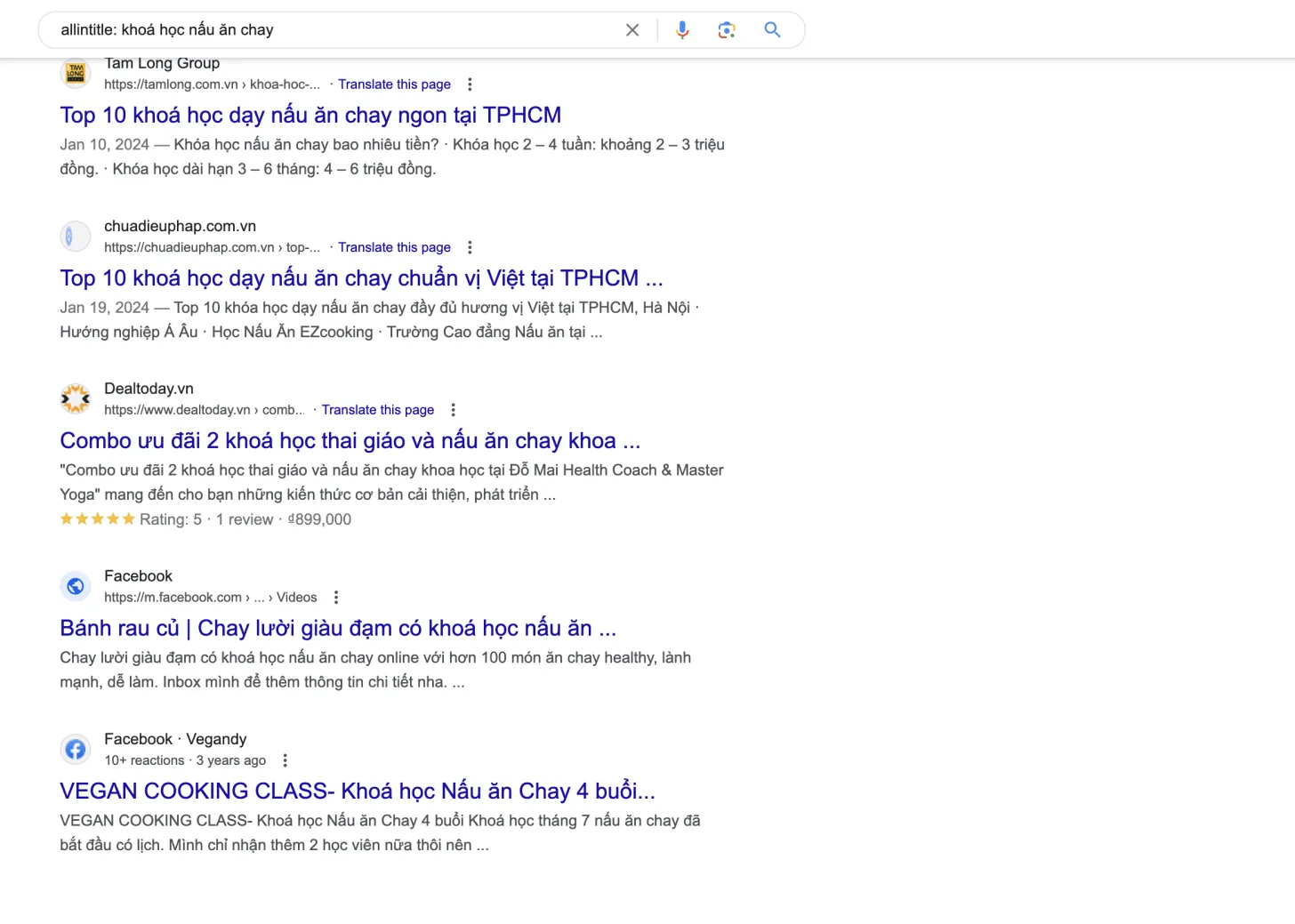 Hình ảnh minh họa kết quả tìm kiếm Google sử dụng cú pháp  để tìm khóa học nấu ăn chay