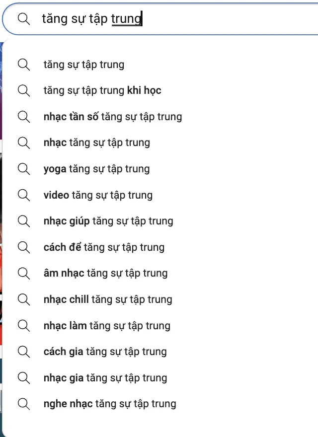 Hình ảnh minh họa các từ khóa liên quan xuất hiện khi gõ vào khung tìm kiếm YouTube