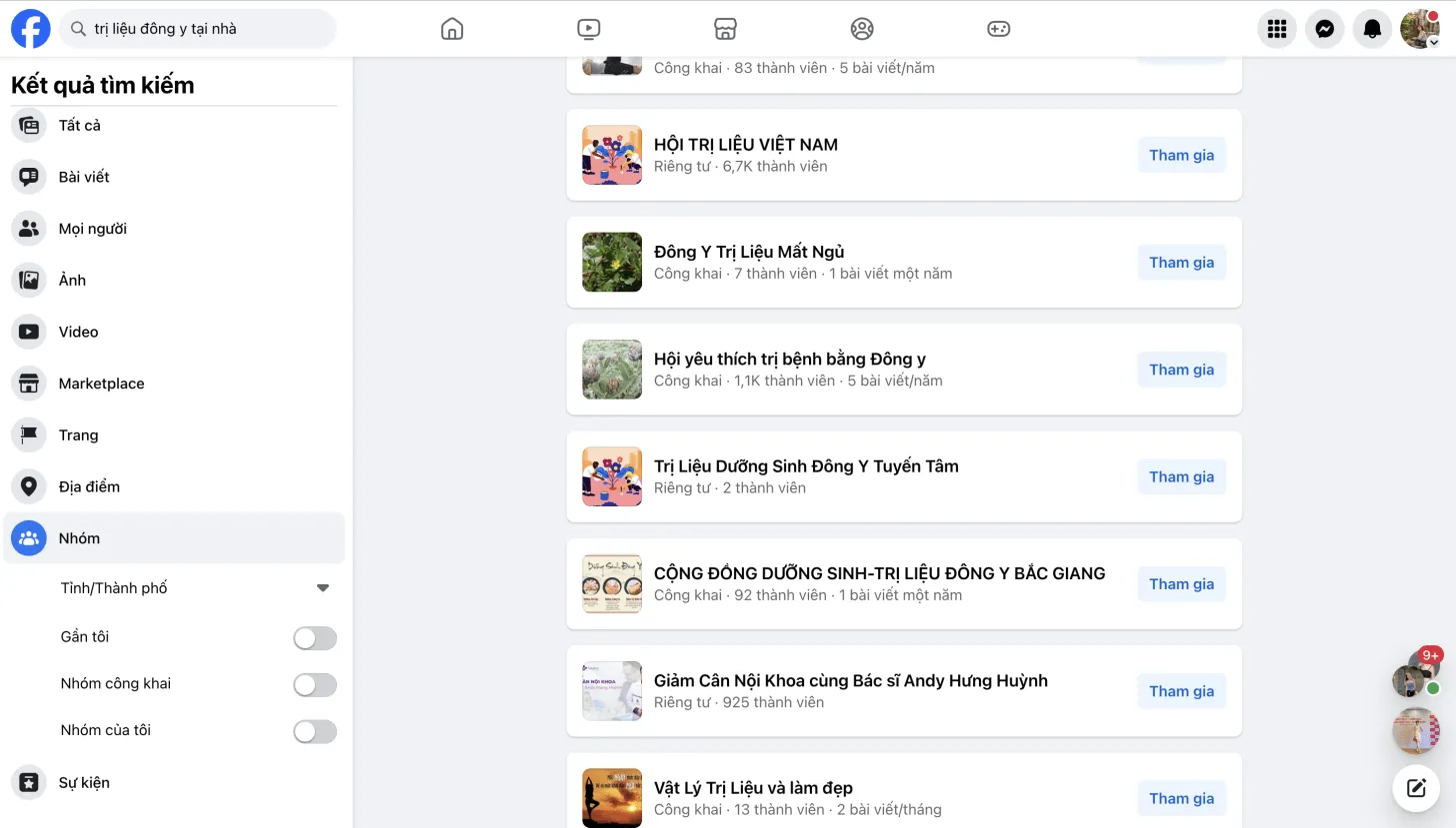 Hình ảnh minh họa kết quả tìm kiếm các nhóm Facebook liên quan đến chủ đề trị liệu Đông y