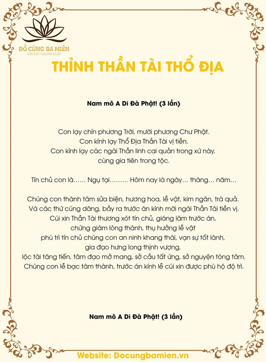 Alt text: Hình ảnh bài cúng và văn khấn thỉnh thần tài thổ địa được viết trên giấy vàng truyền thống
