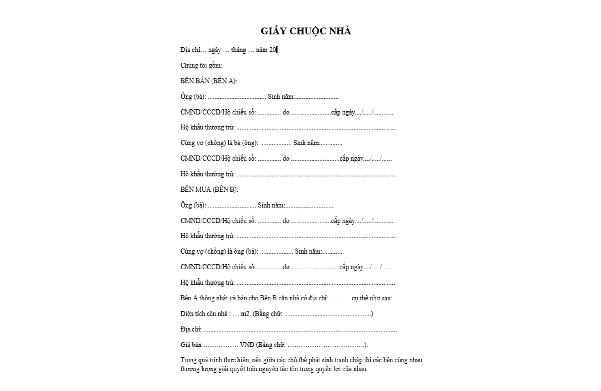 Mẫu giấy chuộc nhà khi mượn tuổi cần có chữ ký của hai bên và người chứng kiến
