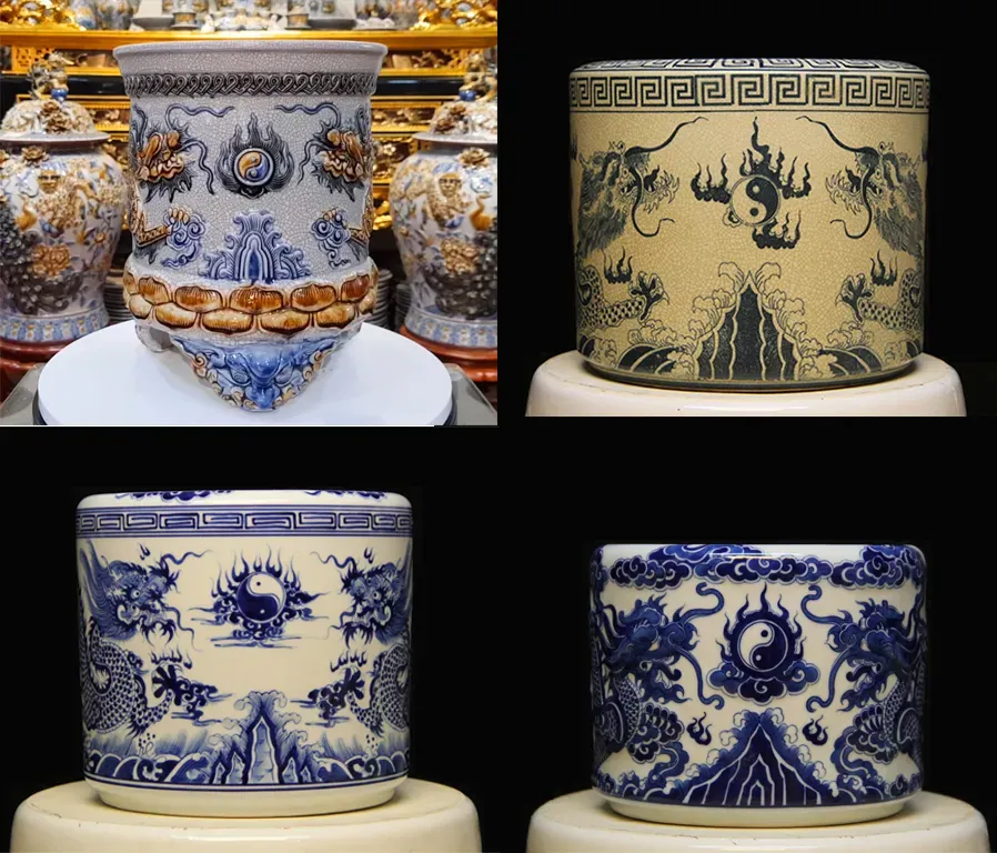 Bát hương gốm sứ màu vàng thổ, viền vàng ánh kim tượng trưng cho mệnh Kim