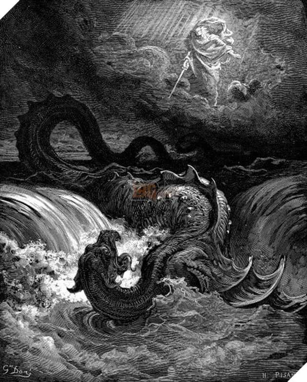 Thủy quái Leviathan dưới hình dạng rồng biển cổ đại, biểu tượng cho sức mạnh không chế ngự của đại dương trong Kinh Thánh.